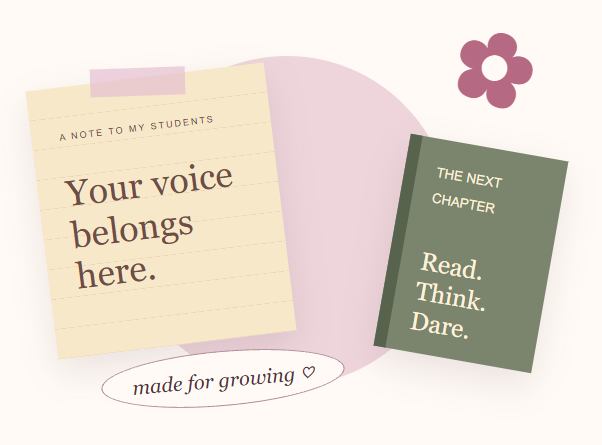 sticky note saying 'Your voice belongs here' with a book and flower illustration